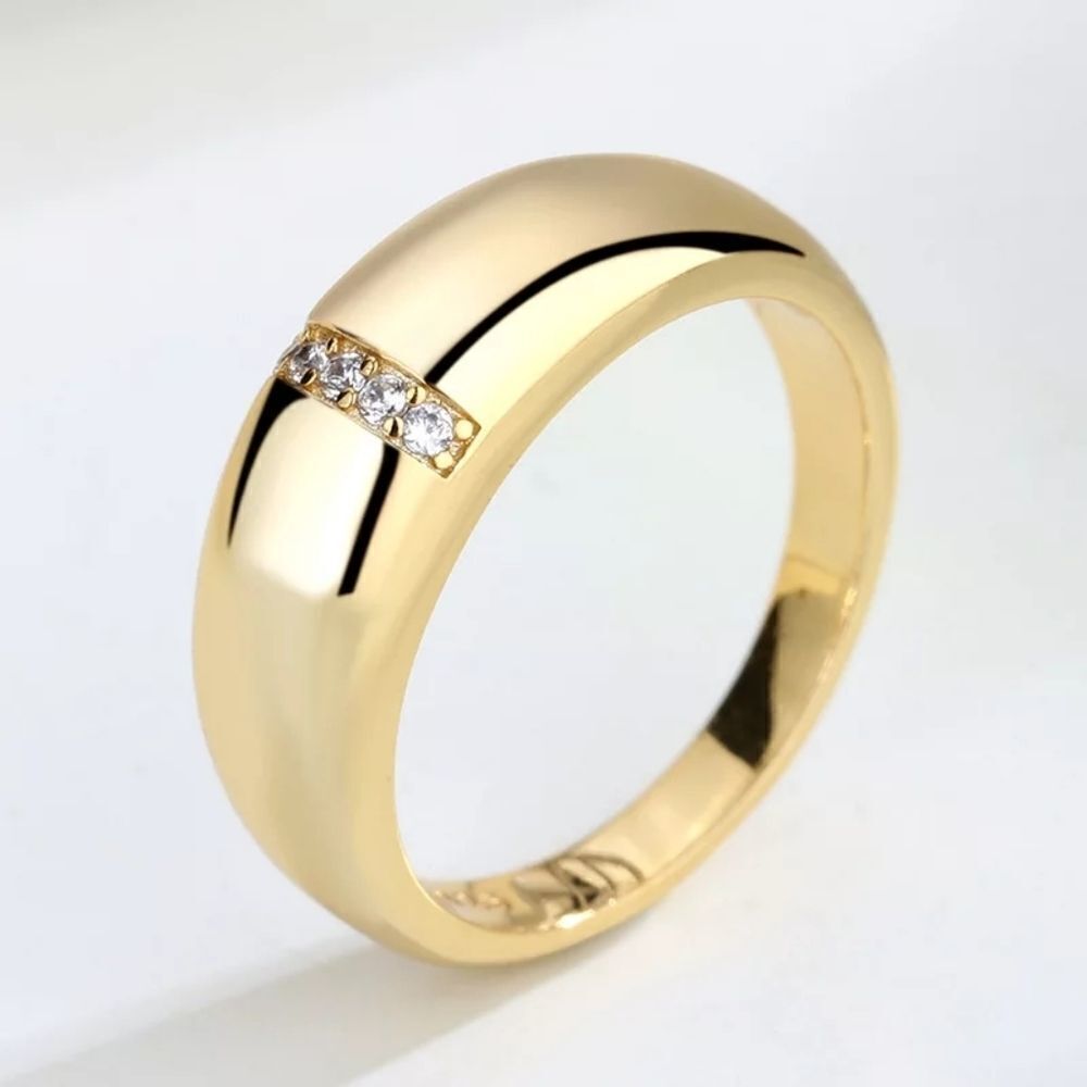 14k Gold Dome Ring with Zircon Diamond Inlay